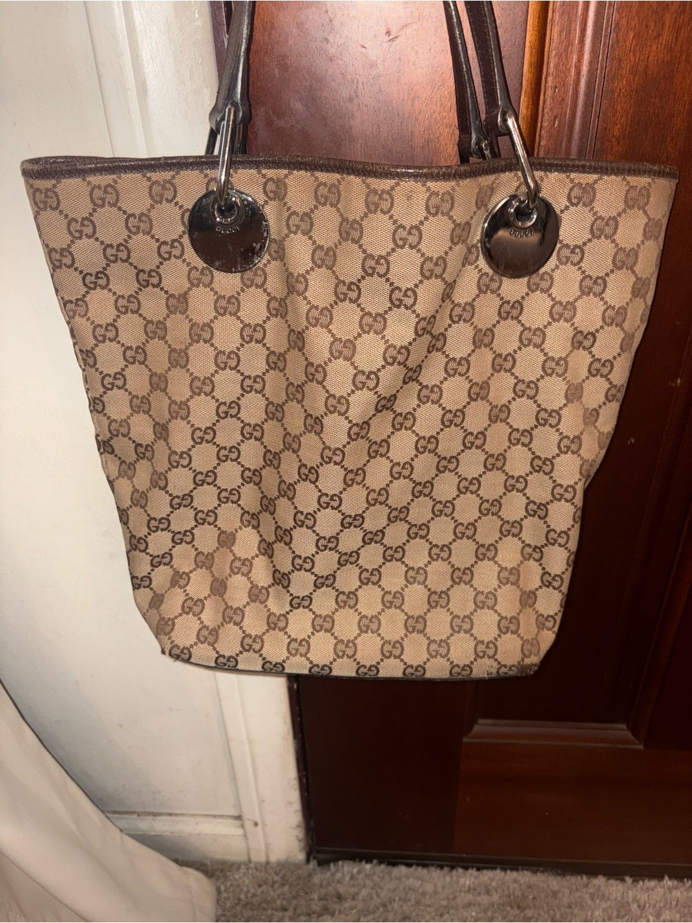 GUCCI MONOGRAM ECLIPSE CANVAS TOTE WITH BROWN TRIM